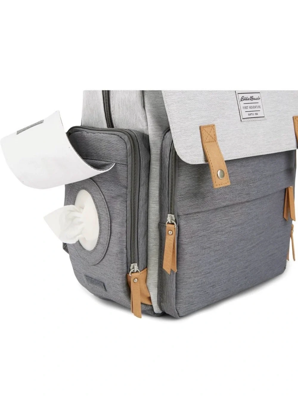 Eddie Bauer Two-Tone Gray Canvas Diaper Backpack with Tan Accents